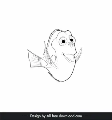 dori finding nemo fish icon cute black white handdrawn cartoon outline