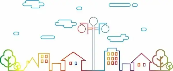 downtown outline flat colorful style various houses decoration