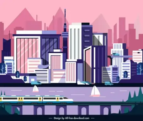 downtown painting skyscrapers train riverside scene sketch
