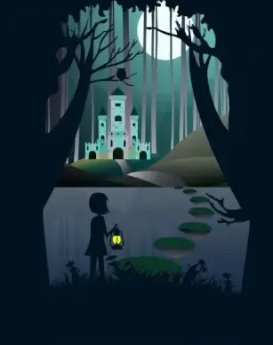 dream background silhouette style little girl moonlight icon