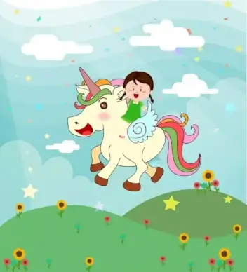 dream background tiny girl unicorn icons cartoon design