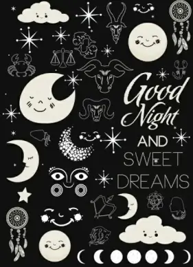 dreaming background dark design various flat symbols