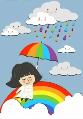 dreaming background flying girl stylized clouds colorful rainbow