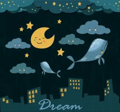 dreaming background flying whales stylized cloud moon icons
