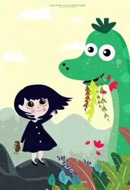 dreaming drawing little girl dinosaur icons colored cartoon