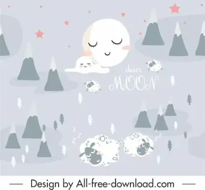 dreaming pattern stylized moon sleeping sheeps sketch