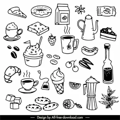 drinks foods icons black white handdrawn sketch