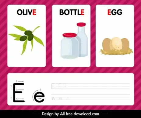 e alphabet studying banner olive bottle egg sketch