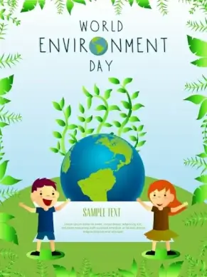 earth day banner green trees globe children icons