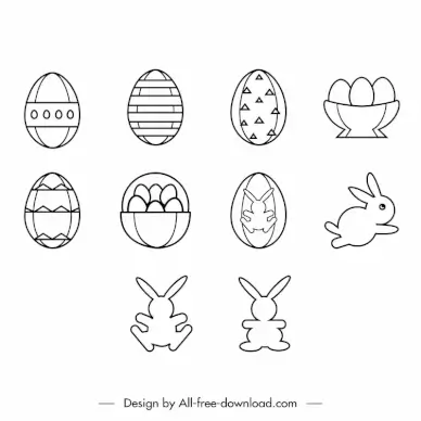 easter decorative icon sets flat black white symmetric eggs rabbits sketch