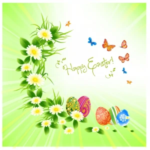 Easter festive background with flowers and eggs