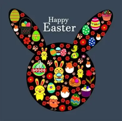easter template design with rabbit head and symbols