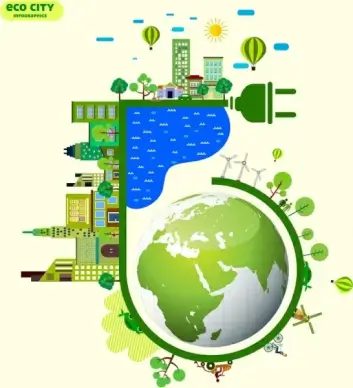 eco city infographic banner green global plug icons