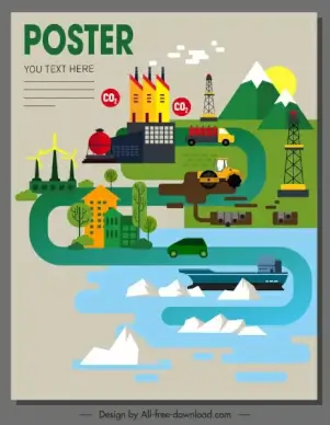 ecology poster template colorful flat plant traffic sketch