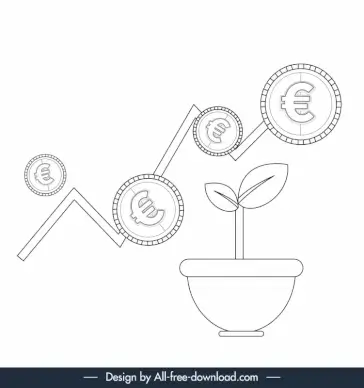 economy design elements houseplant coins line chart flat sketch