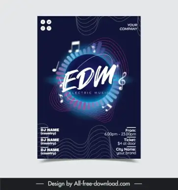 edm music poster template dynamic waves shiny light music notes