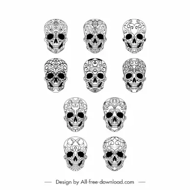 el muerte skull icons sets flat black white symmetric frightening design