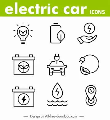 electric car premium line icons collection flat handdrawn design