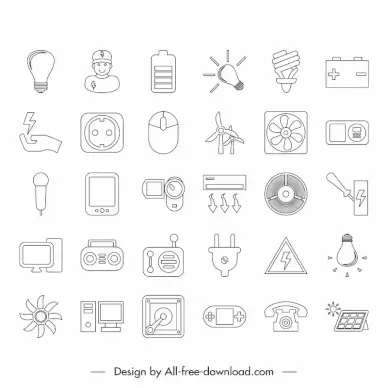 electric icon sets flat black white handdrawn symbols outline 