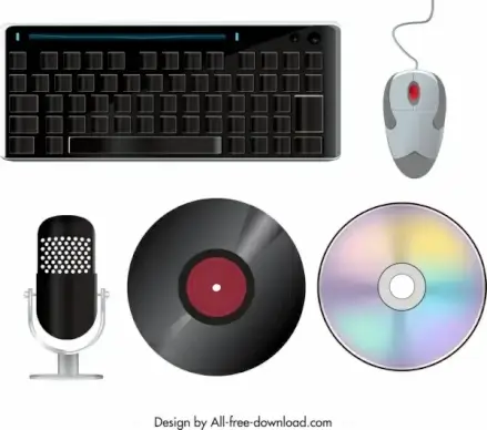 electronic devices icons keyboard mouse microphone disk sketch