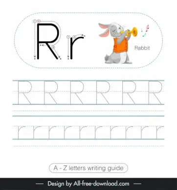 elementary school writing guide worksheet template rabbit playing horn sketch tracing letters r outline