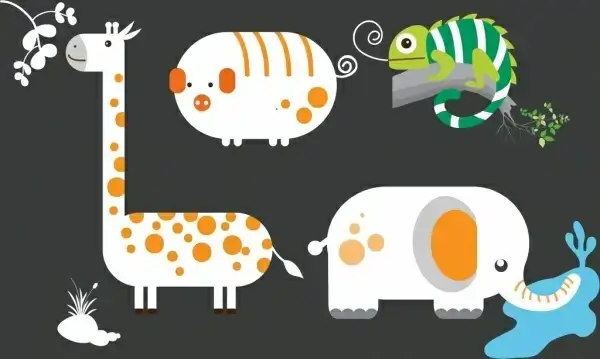 elephant giraffe pig gecko icons flat colored design