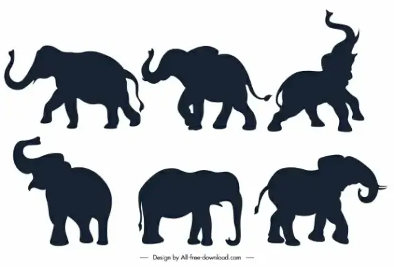 elephant icons flat black silhouette sketch