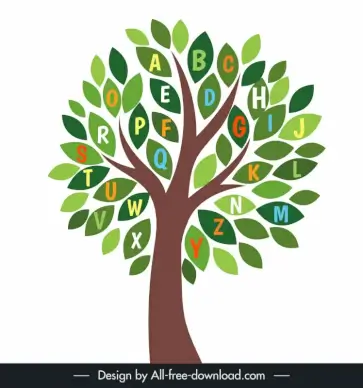 elm alphabet tree design elements flat handdrawn sketch leaves blossom decor 