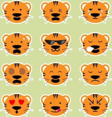 emotional icons collection cartoon tiger head decoration