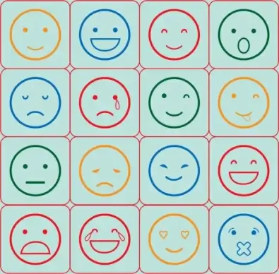 emotional icons outline various colored round types