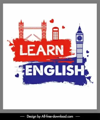 english learning poster landmark symbols sketch grunge decor