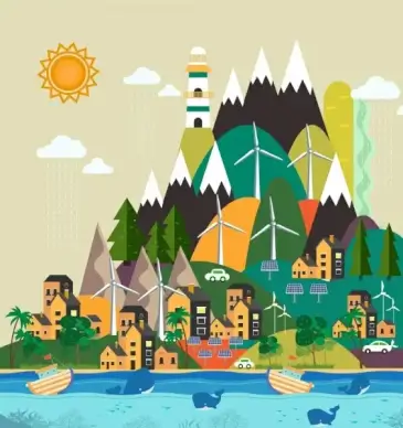 environmental painting sea whales mountain windmill lighthouse icons