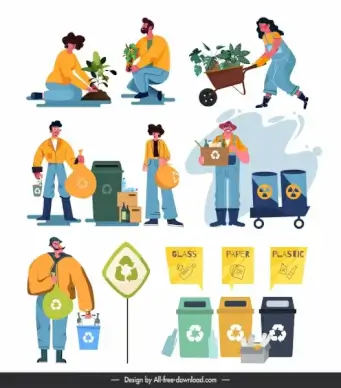 environmental protection icons activities dustbin sketch