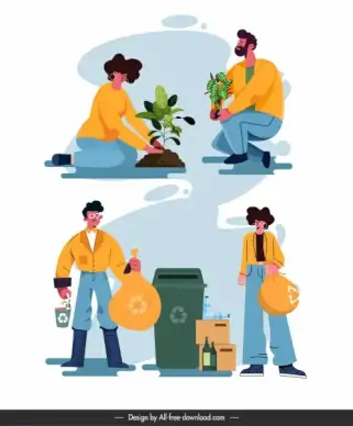 environmental protection icons plantation garbage sketch cartoon characters