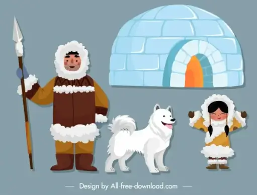 eskimo design elements colored cartoon sketch