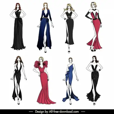 evening dresses design templates collection elegant cartoon characters