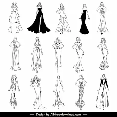 evening dresses design templates handdrawn black white sketch  