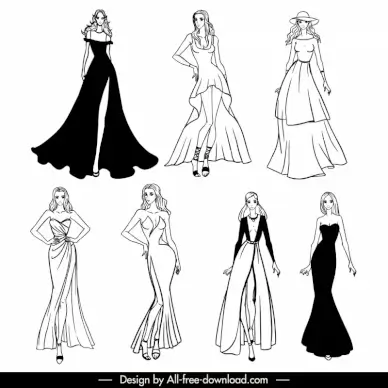 evening dresses  templates collection elegant handdrawn outline
