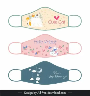 face mask fabric design for print templates flat classic design cute cat rabbit flowers moon decor
