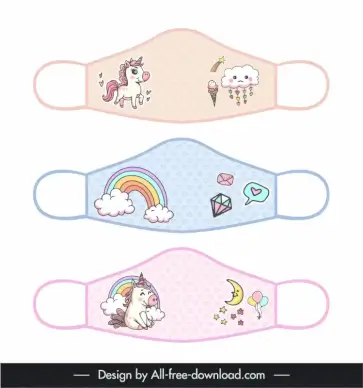 face mask fabric design for print templates flat symmetric handdrawn cute stylized cloud moon unicorn rainbow sketch