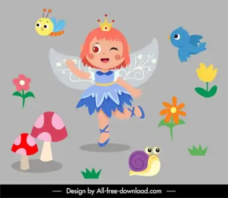 fairy decor elements winged girl flowers animals sketch