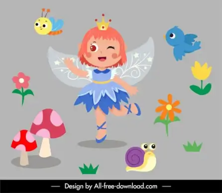fairy design elements cute girl flowers creatures sketch
