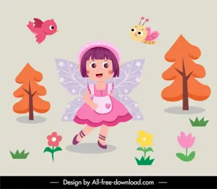 fairy tale decor elements winged girl nature sketch