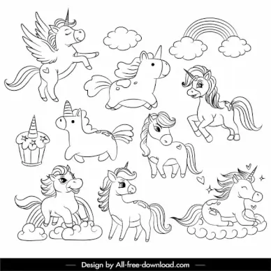 fairy tale icons handdrawn unicorns rainbow sketch