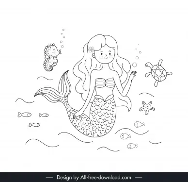 fairy tale mermaid design elements cute black white handdrawn