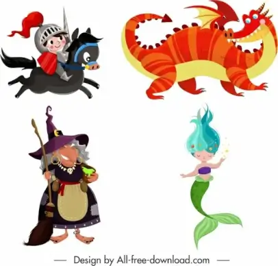 fairy tales characters knight dragon witch mermaid sketch