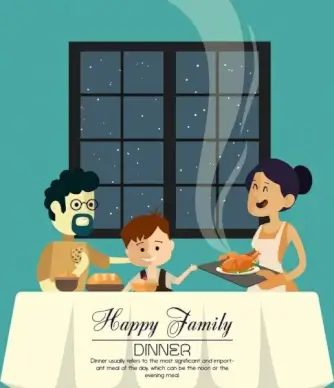 family dinner banner parents kid icons cartoon design