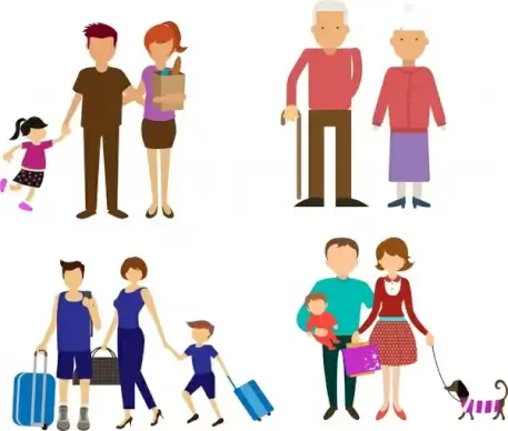 family icons collection in flat color style