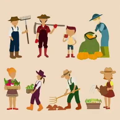family works isolated with farmers tools and products
