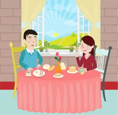 familys breakfast drawing illustration with couples and meal